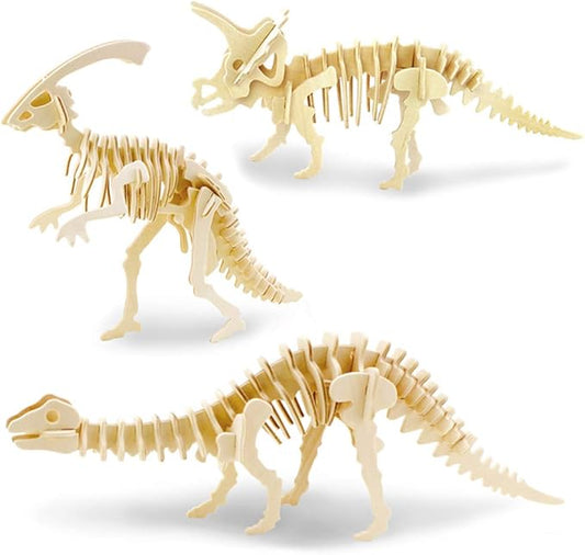 Georgie Porgy 3D Wooden Puzzles for Kids Toys Construction Woodcraft Kits DIY Model Puzzle Kits Birthday Gifts Pack of 3 (Parasaurolophus Apatosaurus Triceratops)