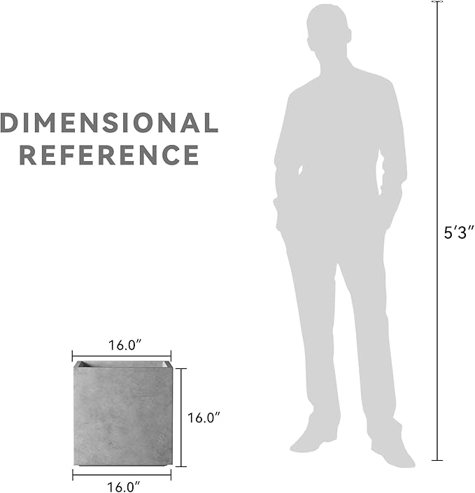 Kante 16 Inch Square Concrete Planter for Outdoor Indoor Home Patio Garden, Large Plant Pot with Drainage Hole and Rubber Plug, Natural Concrete