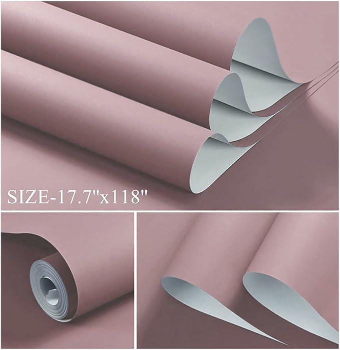Dimoon 236''x17.7'' Pink Peel and Stick Wallpaper Contact Paper Modern Self Adhesive Wall Paper Removable Renter Friendly Textured Solid Color Shelf Cabinet Vinyl Roll (236''x17.7'',Grey Pink)