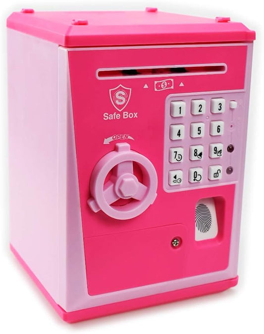 Toy Safe Box, Electronic ATM Piggy Bank, Money Coin Savings Bank, Finger Print Scanner Lock, Great Gift for Children Kids (Pink/Pink)