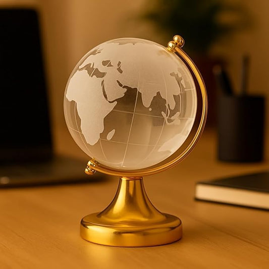 Elegant Crystal Globe with Gold Stand – 3D Decorative World Map, Modern Desk Ornament, Office & Home Decor (Medium)