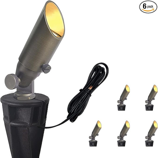 COLOER Mini Size Die-cast Brass Landscape SpotLights Outdoor,12Volt AC/DC Low Voltage LED Wired Landscape Lighting,IP65 Waterproof Outdoor Adjustable Yard Spot Light(104B,Bronze,6-Pack Without Bulb)