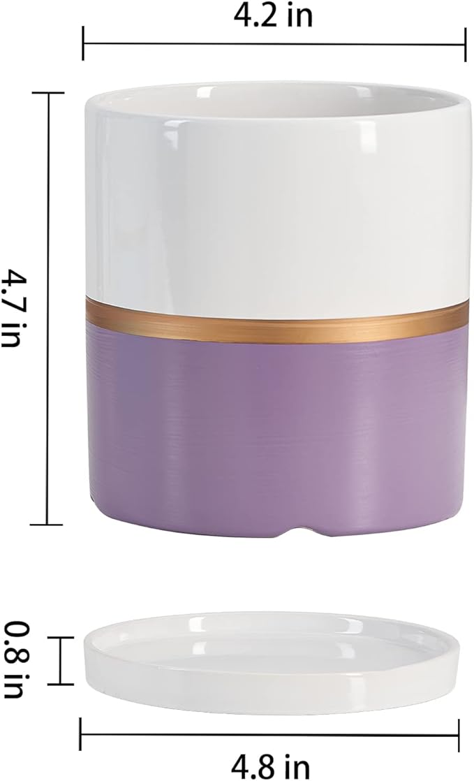 Ekirlin 4 inch Plant Pot - Ceramic Flower Planters Indoor - Modern Succulents Containers with Drain Hole Saucer, Decorate Home, Office & Outdoor (Purple)
