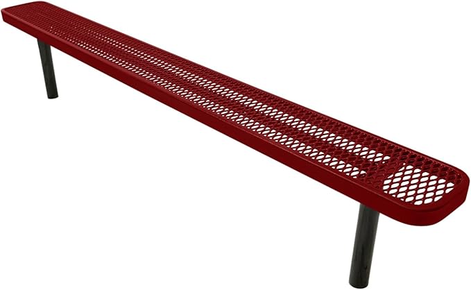 Heavy-Duty Outdoor Bench Thermoplastic Coated, Expanded Metal, Commercial-Grade Seating, Made in America (Inground Without Back, 8 Ft, Textured Burgundy)