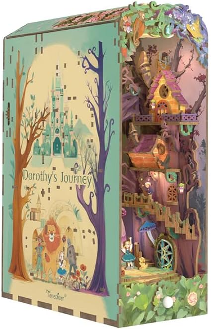 Tonecheer DIY Book Nook Kit Dorothy's Journey, 3D Puzzle Wooden Fairy Tales Miniature House Kit for Adults, Booknook Set Dollhouse Bookshelf Decor Bookend with Dust Cover and LEDs Ideal Gifts
