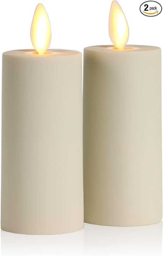 Luminara Outdoor Votive Flameless LED Candle, Set of 2 Ivory 1.5" x 4", Moving Flame Battery Operated Timer Remote Ready IPX4 Matte Plastic Finish