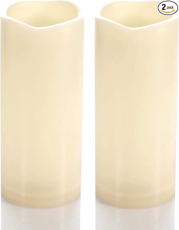 CANDLE CHOICE Waterproof Outdoor Battery Operated Flameless Candles with Timer Flickering Plastic Resin Electric LED Pillar Lights for Lantern Patio Garden Wedding Party Decorations 3x7 Inches 2 Pack