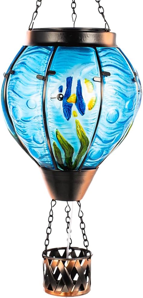 Blue Fish Hot Air Balloon Solar Lantern with Flickering Flame Light,Glass Hanging Solar Lanterns Outdoor Waterproof,Hot Air Balloon Decorative Lights for Patio Yard Porch Garden Gift for Women