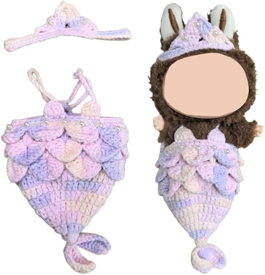 Clothes for Labubu Doll,Clothes for Doll Accessories,Hand-woven Bikini Mermaid Crochet Skirt Set,Summer Mermaid Costume Outfit Suitable for Labubu15&17cm,Dress-Up Accessories for Labubu Doll (color01)