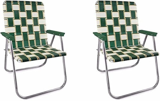 Lawn Chair USA - Outdoor Chairs for Camping. Made with Lightweight Aluminum Frames and UV-Resistant Webbing. Folds for Easy Storage 2- Pack (Charleston with Green Arms, Magnum)
