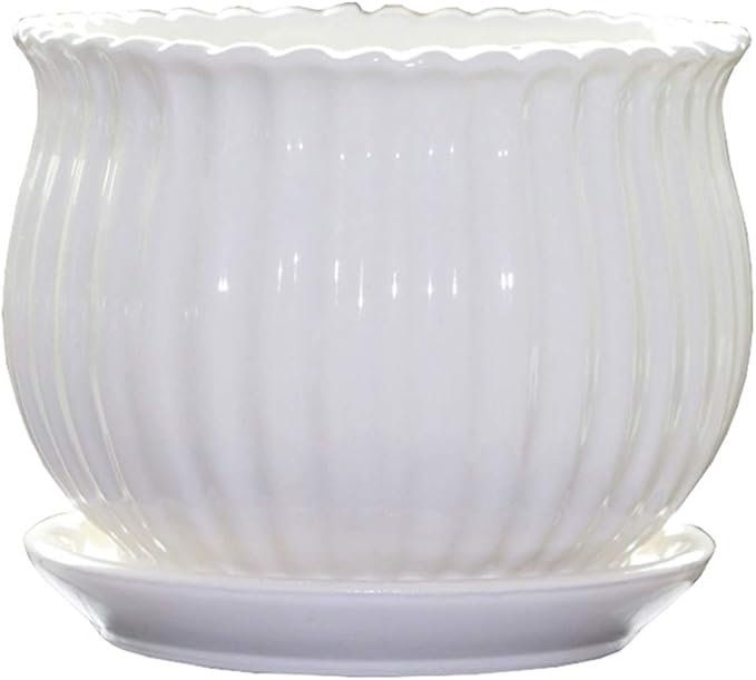 Yesland Ceramic Flower Plant Pots with Saucer, Set of 3 in Different Sizes, Modern Round Ceramic Succulent Planter Pots with White Stripe Texture for Garden