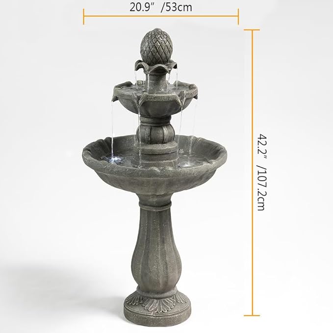Outdoor Water Fountain –42.2 in. Tall Large Floor-Standing Outside Fountains with 3 Tier Elegant Waterfall Feature for Garden, Yard, Patio, Home Decor (Grey)