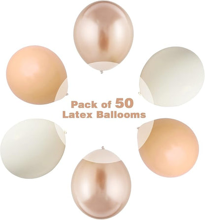 FEYG 50PCS Beige Balloons, 12 Inch, Cream, Nude, Sand, White, Metallic Gold, with Ribbons for Baby Shower, Birthday, Theme Party Decorations