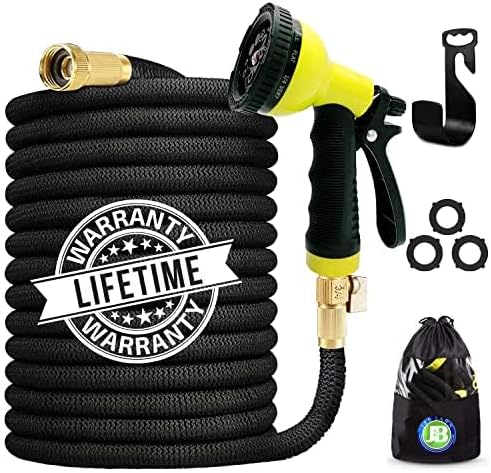 J&B XpandaHose 75ft Expandable Garden Hose with Holder - Heavy Duty Superior Strength 3750D - 4 -Layer Latex Core - Extra Strong Brass Connectors and 10 Spray Nozzle w/Storage Bag (Black 75)