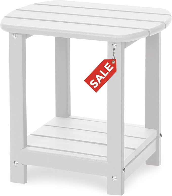 Adirondack Square Outdoor Side Table,2-Tier Storage Patio Side Table, HDPE End Tables for Backyard Pool Porch Garden Lawn(White)