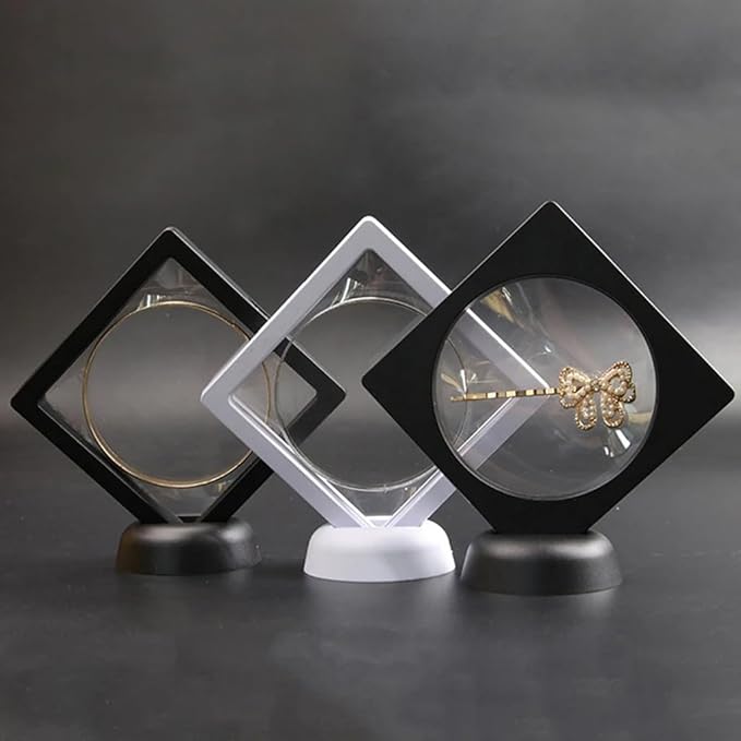 6 Pcs 3D Floating Display Case Frame Display Holder Stands Transparent PE Film Storage Box for Jewelry Challenge Coin Medal Antique 3.5 x 3.5 x 0.8 Inches Black and White