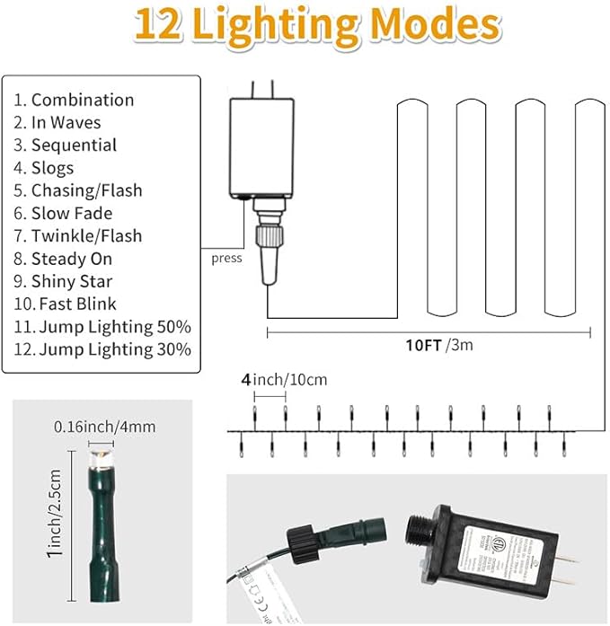500 LEDs 172ft Green Cable Wire Christmas Light Fairy String Tree Twinkle Lights Plug in 12 Modes for Christmas Party, Outdoor, Garden, Wedding, Home Decoration (White)