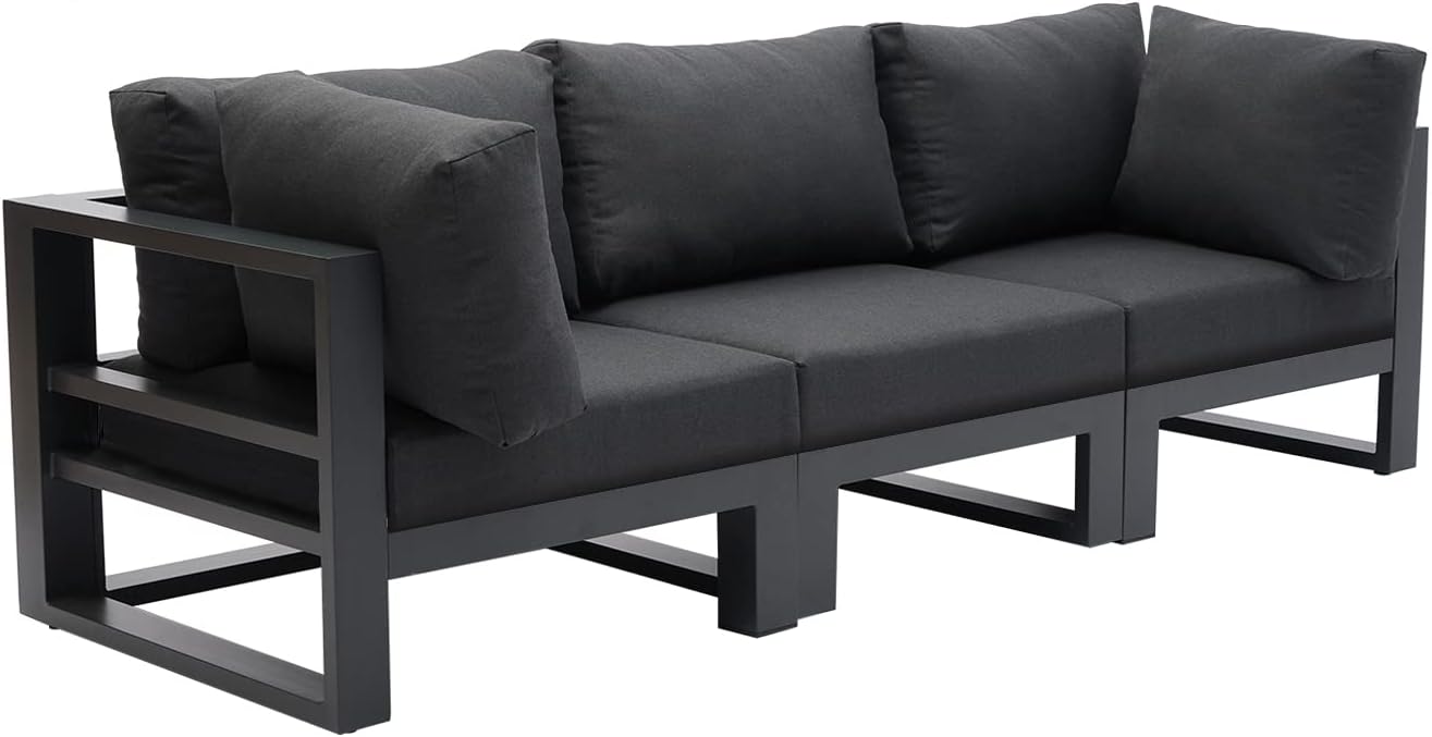 Modern 3 Seater Sofa Outdoor Sectional Sofa Set Patio Conversation Sofa Sets for Garden Backyard, Dark Grey Cushions
