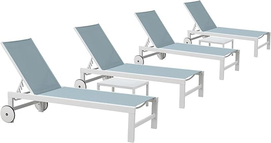 PURPLE LEAF Outdoor Chaise Lounge Set of 4 White Aluminum Lounge Chair Outdoor with Wheels Five-Position Adjustable Patio Lounge Chair for Pool Deck Yard, Steel Blue