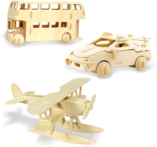 Georgie Porgy 3D Wooden Puzzles for Kids Toys Construction Woodcraft Kits DIY Model Puzzle Kits Birthday Gifts Pack of 3 (Seaplane Sports Cars London Bus)