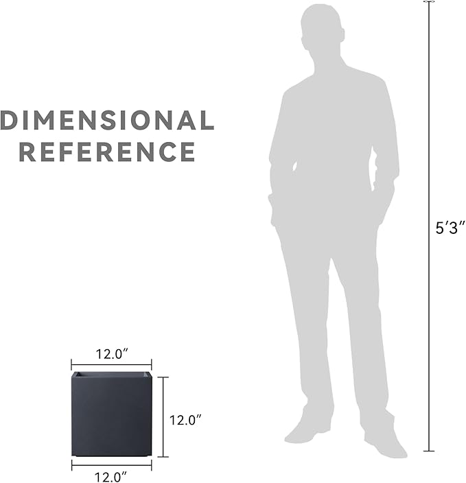 Kante 12 Inch Square Concrete Planter for Outdoor Indoor Home Patio Garden, Large Plant Pot with Drainage Hole and Rubber Plug, Charcoal