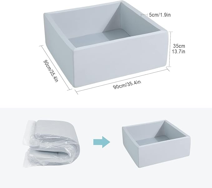 Foam Ball Pit for Toddlers Kids Square Soft Ball Pool Ideal Gift Play Toy for Children Kiddie Pools - Light Gray