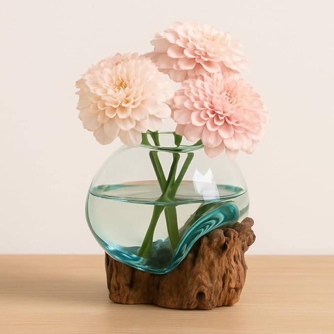 Cape Craftsmen 7" H Hand-Blown Blue Tinted Bubble Glass On Natural Teak Driftwood Terrarium | Home Décor Indoor Planter with Stand | Pot for Succulent and Plants