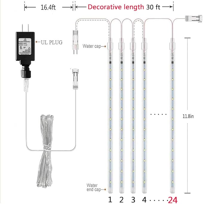 Outdoor Christmas Decorations, 24 Tubes(Equivalent to 3 Sets of 12Inch 8-Tubes) Meteor Shower Lights Snow Falling Icicle Christmas Lights Outdoor for House Tree Halloween Garden Decor, UL Plug, Blue