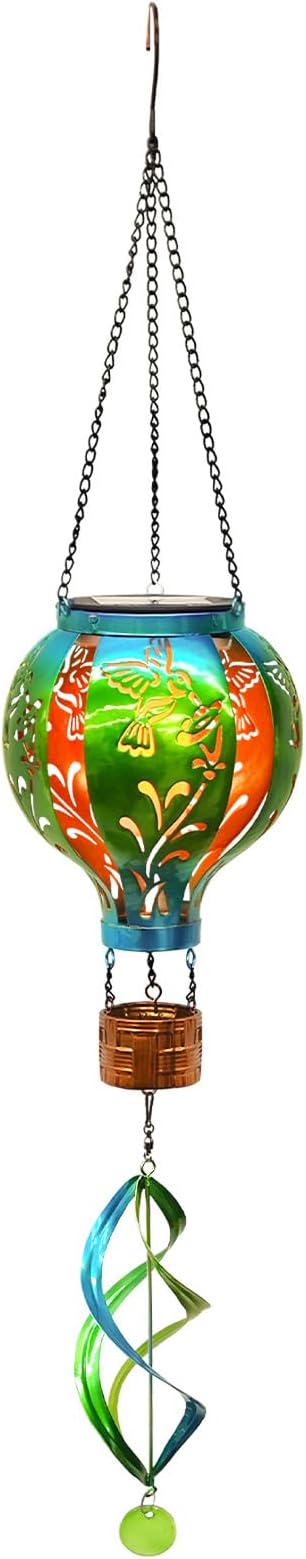 Hot Air Balloon Solar Lantern Hummingbird Wind Spinners with Flickering Flame Light Hanging Solar Lantern Outdoor Waterproof Decorations for Outside Patio Garden Yard