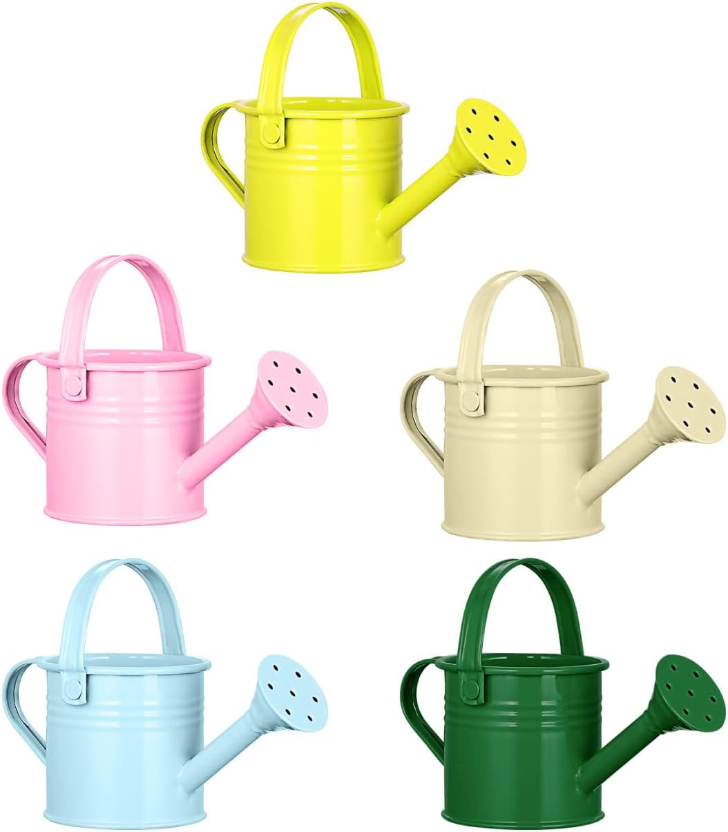 Yardwe 5pcs Kids Metal Watering Cans, Mini Iron Watering Pots with Long Spout and Ergonomic Handle for Indoor Plants, Garden, and Home Use, 6.29 X 2.95 X 2.95 Inch