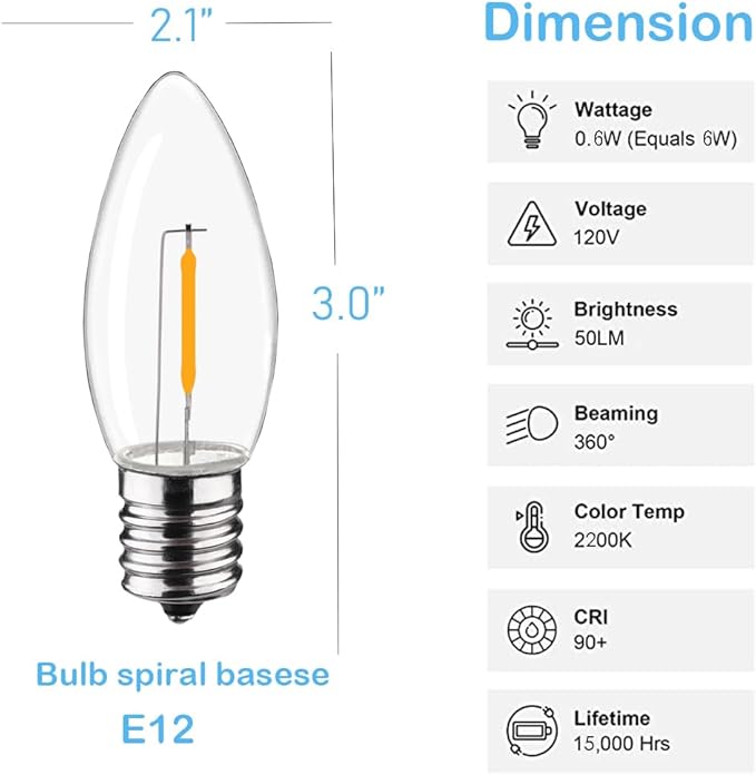 C9 Christmas Replacement LED Light Bulbs,E17 Base Commercial Grade Holiday Bulbs, 4W 5W 6W 7W Incandescent Equivalent, Warm White 2200K, Clear Plastic Bulbs for Christmas String Light - 50 Pack