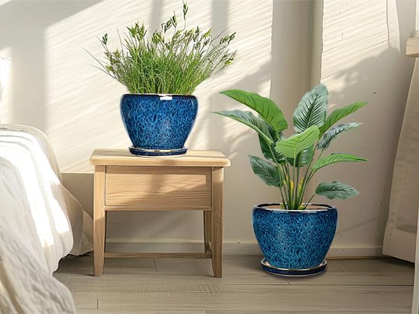 Ceramic Plant Pots Indoor, 10 Inch 8 Inch 6 Inch Round Planters Pots for Indoor Outdoor Plants, Modern Large Flower Pots with Drainage Holes and Saucers, Set of 3, Blue