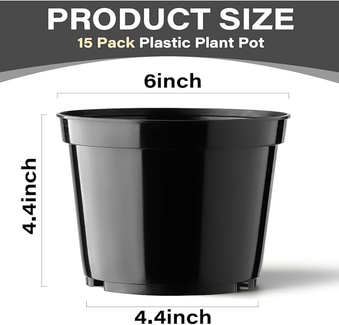 15 Pack 6 Inch Plastic Plant Pots with Drainage Holes, Sturdy Nursery Pots for Plants, Thickened Flower Pots for Indoor Outdoor Planting Transplanting, Succulents, Seedlings, Black