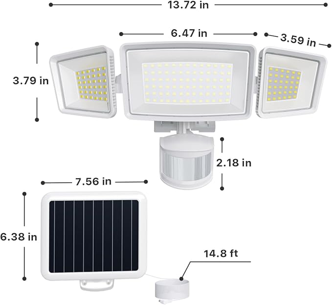 Ensenior 5 Motion Sensor Modes Solar Security Light, 1800LM 270° Wide Angle 3 Heads LED Flood Lights, IP65 Waterproof Wall Lights, Separate Solar Panel Remote Control Solar Lights Outdoor