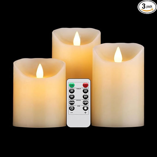 Tappovaly Flameless Flickering Battery Operated Candles 3pack Real Wax Pillar LED Candles with 10-Key Remote Control and 24 Hours Timer for Wedding, Party, Home Decoration (Ivory)
