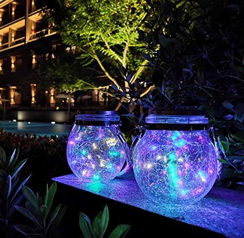 2 Pack Hanging Solar Powered LED Lights,Cracked Glass Ball Light, Waterproof Outdoor Christmas Decorative Lantern for Garden, Yard, Patio, Lawn (Colorful)
