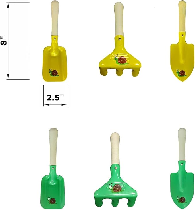Kids Gardening Set Wooden Handle, 6 Pieces (Yellow+Green), Kids Beach Shovel Set, Sandbox Play Toy, Sand Shovel and Garden Hand Tool