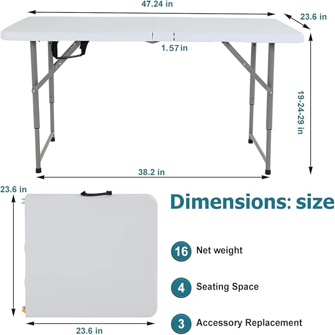 4FT Folding Table, Height Adjustable Table, Heavy Duty Plastic Tables Portable Fold-in-Half Utility Table w/Handle & Lock for Camping BBQ Party Banquet Wedding Market Events, 330LBS