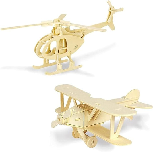 Georgie Porgy 2 Packs of 3D Wooden Puzzles, DIY Models Kits for Kids, Dinosaur Animal Airplane Car Woodcraft Construction Toy DIY Projects (Biplane Helicopter)