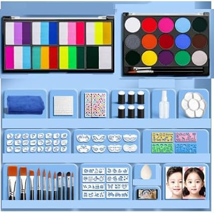 Face Painting Kit for Kids & Adults,Non-toxic Water Activated Face Paint Makeup set,Includes 18 Color+15 Color Face Paint Makeup Palette and Multiple makeup tools.Ideal for Halloween,Cosplay Makeup.