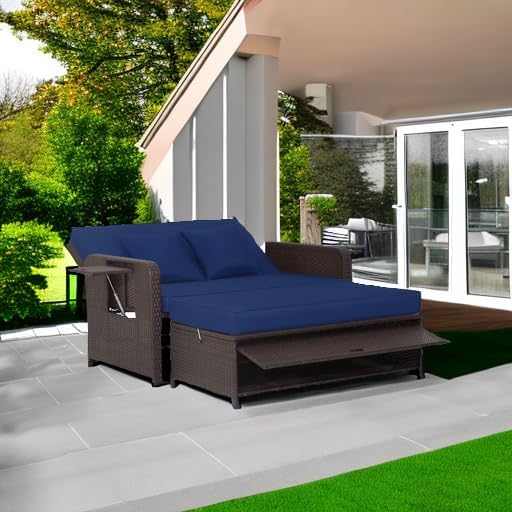 Tangkula Patio Rattan Daybed Set, Wicker Loveseat Sofa w/Multipurpose Ottoman & Retractable Side Tray, 4-Level Adjustable Backrest, Footstool w/Storage, Seat & Back Cushion Included (Navy)