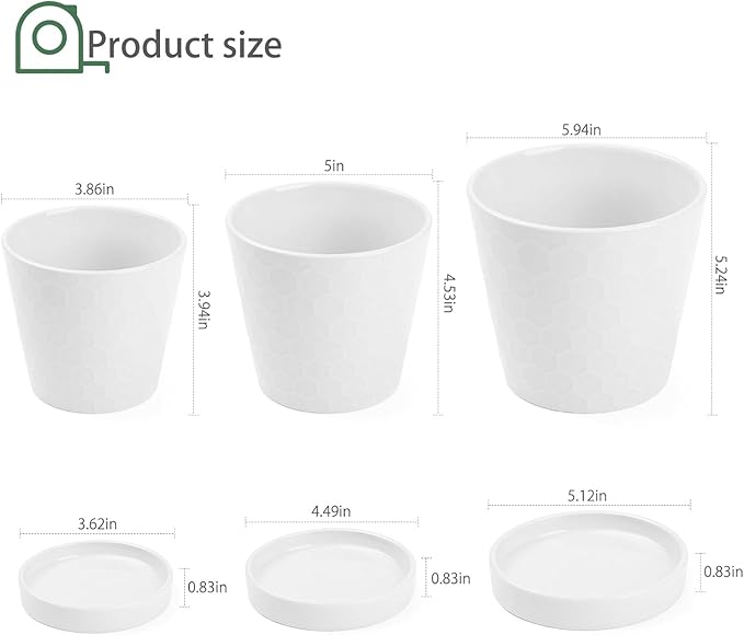 Plant Pots – 4”+5”+6” inch Ceramic Planter with Drainage Holes and Ceramic Tray - Gardening Home Desktop Office Windowsill Decoration Gift Set 3 - Plants NOT Included (White)