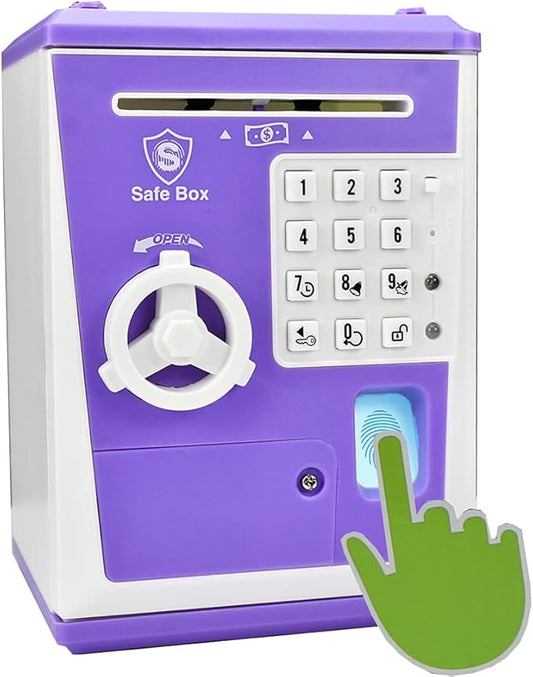 Toy Safe Box, Electronic ATM Piggy Bank, Money Coin Savings Bank, Finger Print Scanner Lock, Great Gift for Children Kids (Purple)