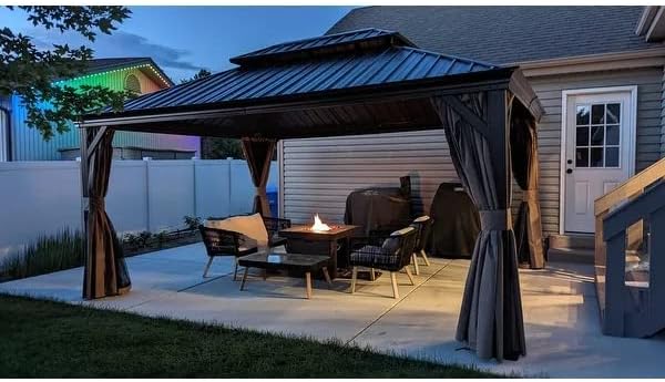 Kozyard Alexander 12‘ X 16’ Hardtop Aluminum Permanent Gazebo with a Mosquito Net and Privacy Sidewalls, Permanent Gazebo Pavilion for Patio, Backyard (Alexander 12'x16' (Brown))