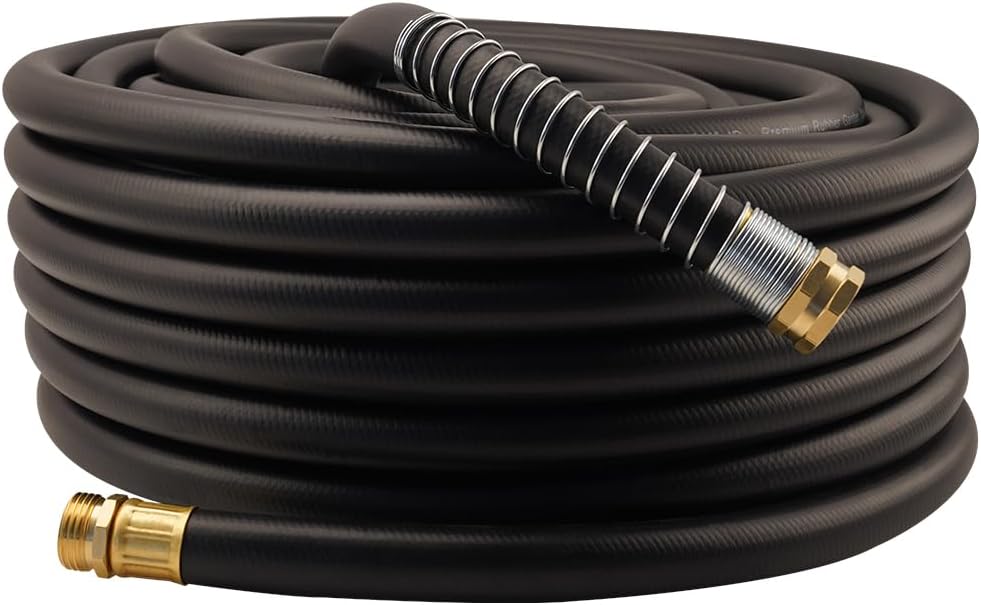WiseFlow Garden Hose 100FT x 3/4", Heavy Duty Rubber Hose, 1000PSI Burst, 300PSI Working, Water Hose with Five Layered Braiding, Male Female Fittings (Black)