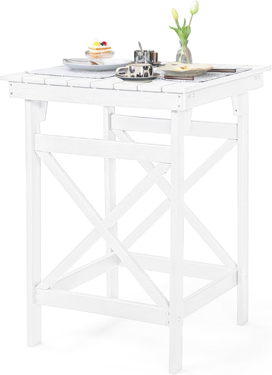 HDPE Outdoor Bar Table, 41" Adirondack Outdoor Bar Height Table, Weather Resistant HDPE Patio High Top Pub Table, Square HDPE Patio Bar Tables for Garden, Porch, Poolside, Balcony, Pearl