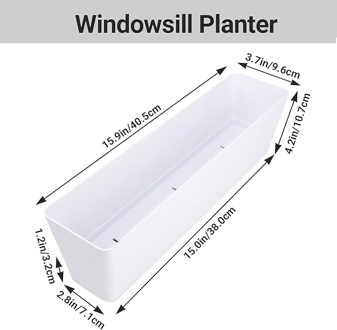 GREANER Window Boxes Planters, 3PCS 16x3.8 Inch Large Herb Planters with Tray, Indoor Succulent Cactus Flowers Vegetable Plastic Rectangle Pots for Balcony, Office, Garden, Outdoor, Windowsill (White)