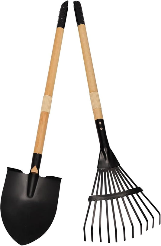 Kids Rake and Shovel Set, 2Pcs Garden Tools Metal Head with Wooden Handle, Great Gardening Gifts for Boys Girls Age 3 and Up
