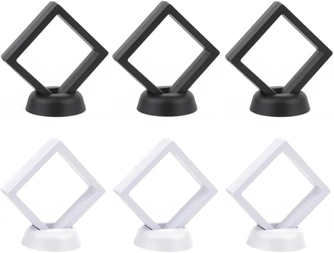 6 Pcs 3D Floating Display Case Frame Display Holder Stands Transparent PE Film Storage Box for Jewelry Challenge Coin Medal Antique 3.5 x 3.5 x 0.8 Inches Black and White