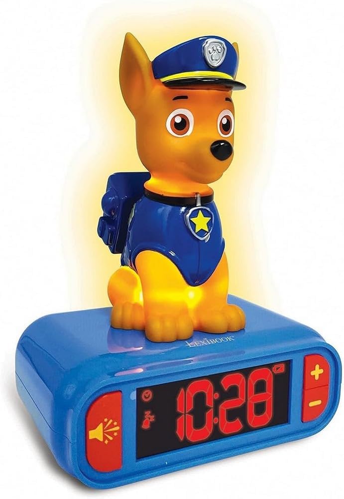 LEXiBOOK - Paw Patrol Chase Digital Alarm Clock with Night Light - Snooze Function - Dog Sound Effects - for Children/Kids - Luminous Clock with Chase, Blue/Red - RL800PA